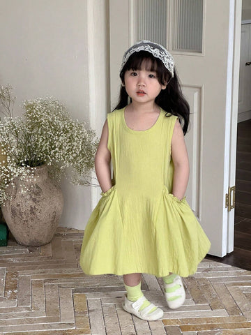 Colorful Dopamine Light Green Korean-Style Sleeveless Round Neck Single Piece Toddler Casual Dress With Side Pockets, Mint Green Monochrome Beach Outfit For Summer