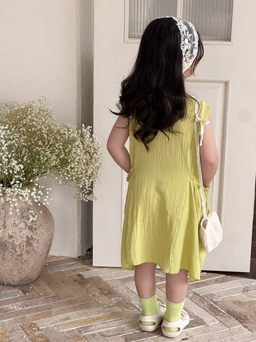 Colorful Dopamine Light Green Korean-Style Sleeveless Round Neck Single Piece Toddler Casual Dress With Side Pockets, Mint Green Monochrome Beach Outfit For Summer