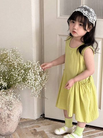 Colorful Dopamine Light Green Korean-Style Sleeveless Round Neck Single Piece Toddler Casual Dress With Side Pockets, Mint Green Monochrome Beach Outfit For Summer