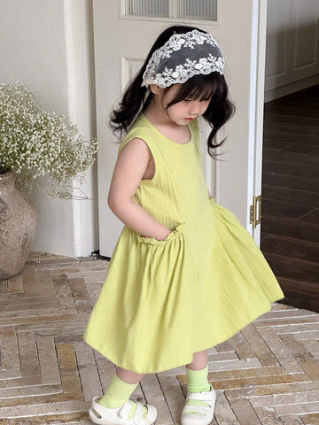 Colorful Dopamine Light Green Korean-Style Sleeveless Round Neck Single Piece Toddler Casual Dress With Side Pockets, Mint Green Monochrome Beach Outfit For Summer