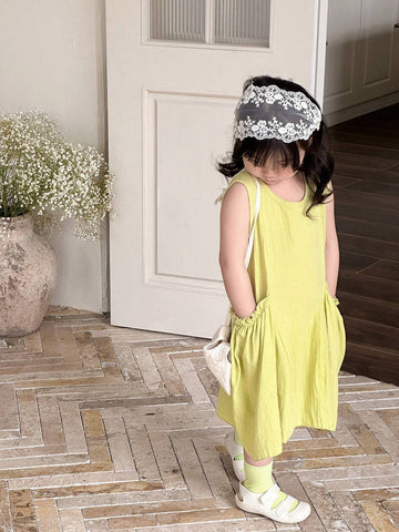 Colorful Dopamine Light Green Korean-Style Sleeveless Round Neck Single Piece Toddler Casual Dress With Side Pockets, Mint Green Monochrome Beach Outfit For Summer