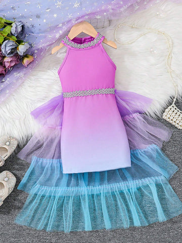 Colorful Multilayered Tulle Blue To Purple Gradient Elegant Princess Dress For Young Girls, Summer Occasions Like Birthday Parties, Weddings And Festivals