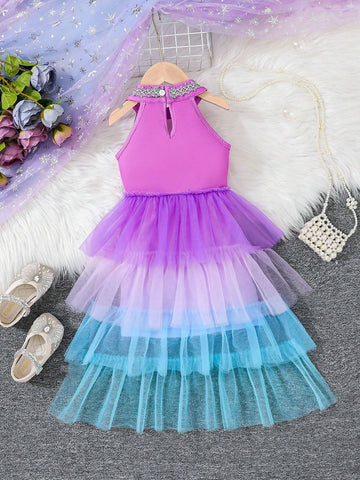 Colorful Multilayered Tulle Blue To Purple Gradient Elegant Princess Dress For Young Girls, Summer Occasions Like Birthday Parties, Weddings And Festivals