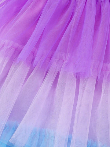 Colorful Multilayered Tulle Blue To Purple Gradient Elegant Princess Dress For Young Girls, Summer Occasions Like Birthday Parties, Weddings And Festivals