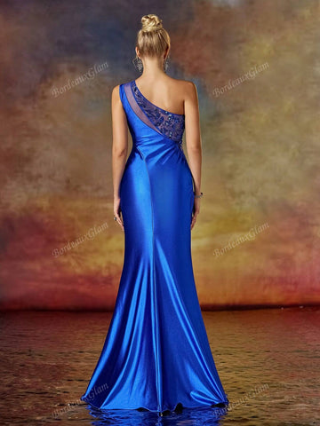 Column One Shoulder Beading Slit Thigh Evening Party Dress