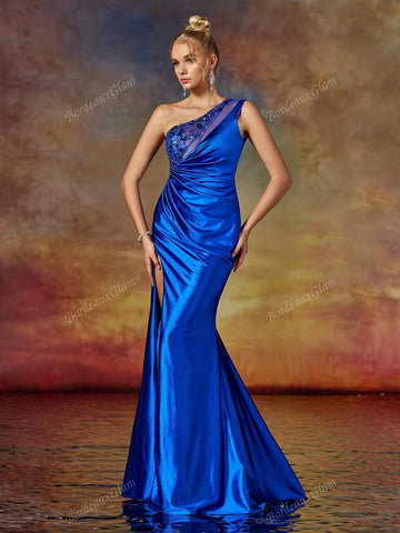 Column One Shoulder Beading Slit Thigh Evening Party Dress