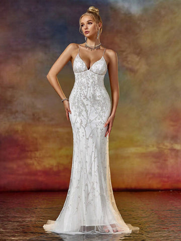 Column Spaghetti V Neck Prom Party Dress With Beading