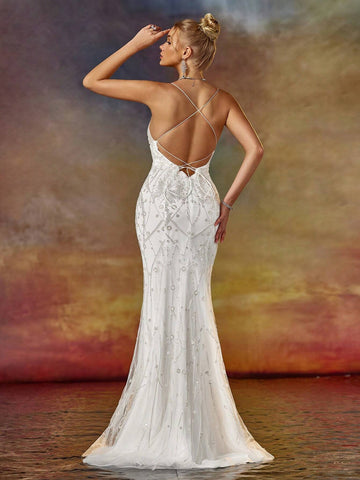 Column Spaghetti V Neck Prom Party Dress With Beading