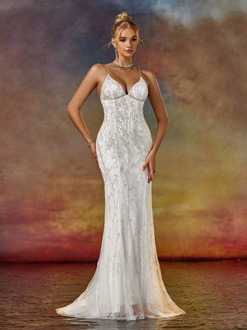 Column Spaghetti V Neck Prom Party Dress With Beading