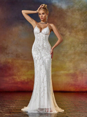 Column Spaghetti V Neck Prom Party Dress With Beading