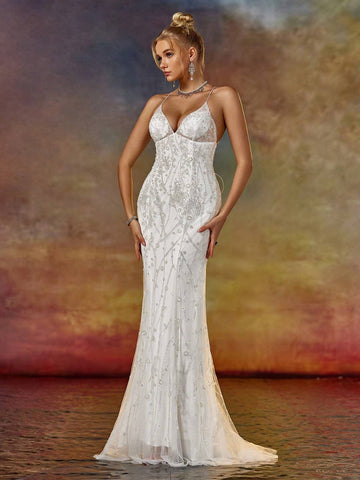 Column Spaghetti V Neck Prom Party Dress With Beading