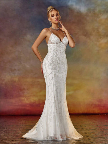 Column Spaghetti V Neck Prom Party Dress With Beading