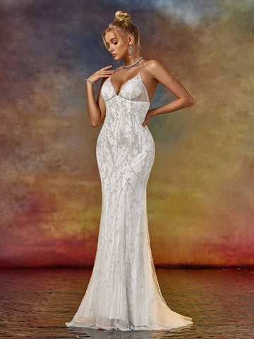 Column Spaghetti V Neck Prom Party Dress With Beading