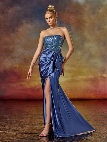 Column Strapless Sequin Backless Evening Party Dress