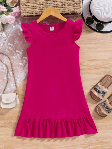 Comfortable And Casual Young Girls' Round Neck Solid Color Flared Cap Sleeve Dress, Spring/Summer