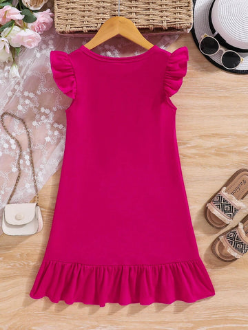 Comfortable And Casual Young Girls' Round Neck Solid Color Flared Cap Sleeve Dress, Spring/Summer