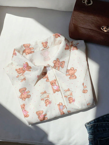 Women's Cartoon Bear Print Short Sleeve Single-Breasted Casual Shirt