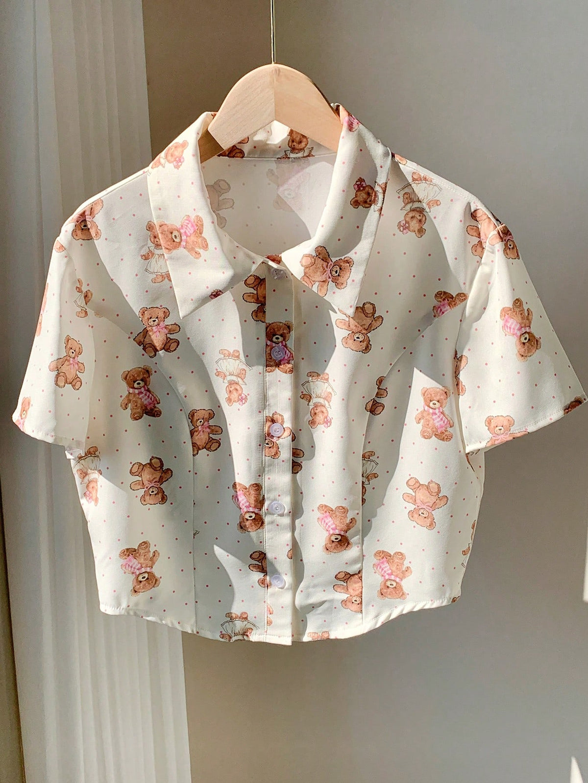 Women's Cartoon Bear Print Short Sleeve Single-Breasted Casual Shirt