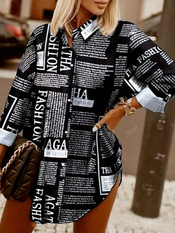 Commuter-Style Newspaper Print Loose Button Front Long Sleeve Shirt