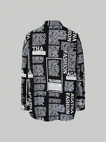 Commuter-Style Newspaper Print Loose Button Front Long Sleeve Shirt