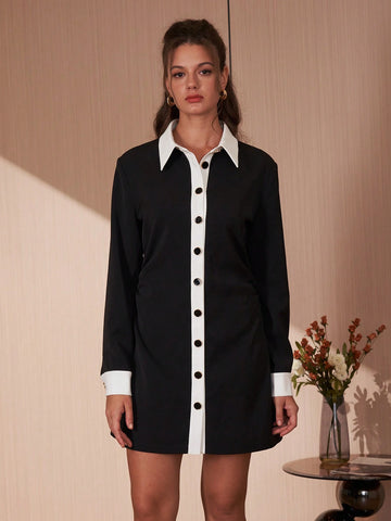 Commuter Style Fashionable Colorblock Black White Collar Waist Cinched Shirt Dress, High-End Elegant Cardigan Dress