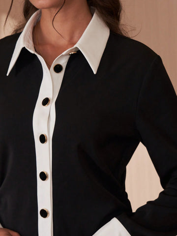 Commuter Style Fashionable Colorblock Black White Collar Waist Cinched Shirt Dress, High-End Elegant Cardigan Dress