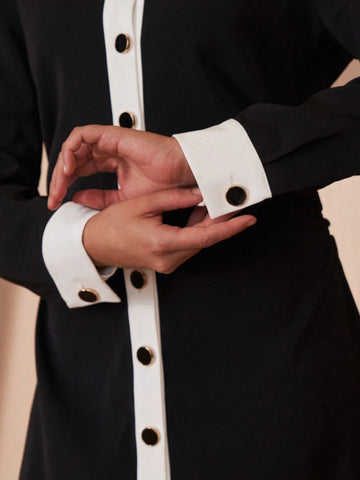 Commuter Style Fashionable Colorblock Black White Collar Waist Cinched Shirt Dress, High-End Elegant Cardigan Dress