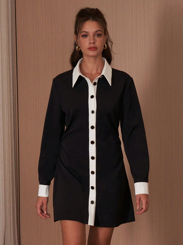 Commuter Style Fashionable Colorblock Black White Collar Waist Cinched Shirt Dress, High-End Elegant Cardigan Dress