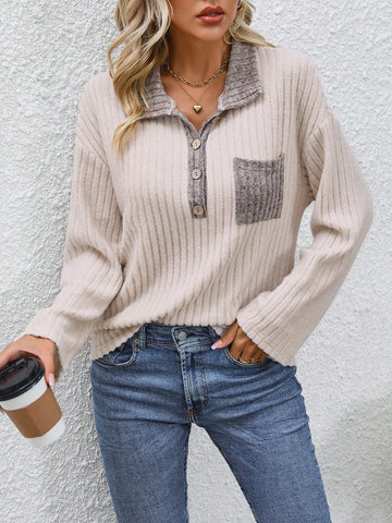 Contrast Collar Drop Shoulder Half Button Tee