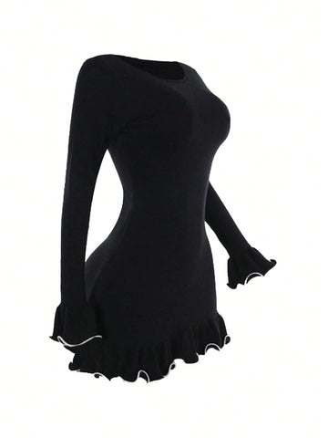 Contrast Color Wavy Ruffled A-Line Long Sleeve Knitted Dress For Women