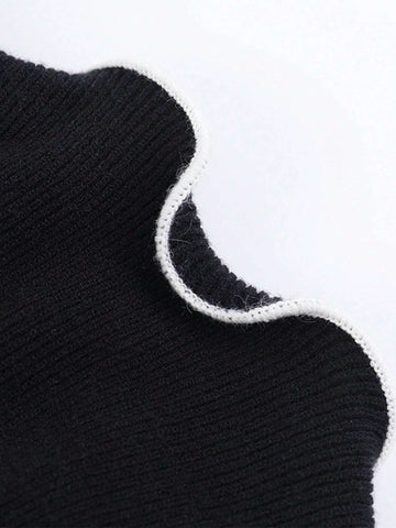 Contrast Color Wavy Ruffled A-Line Long Sleeve Knitted Dress For Women