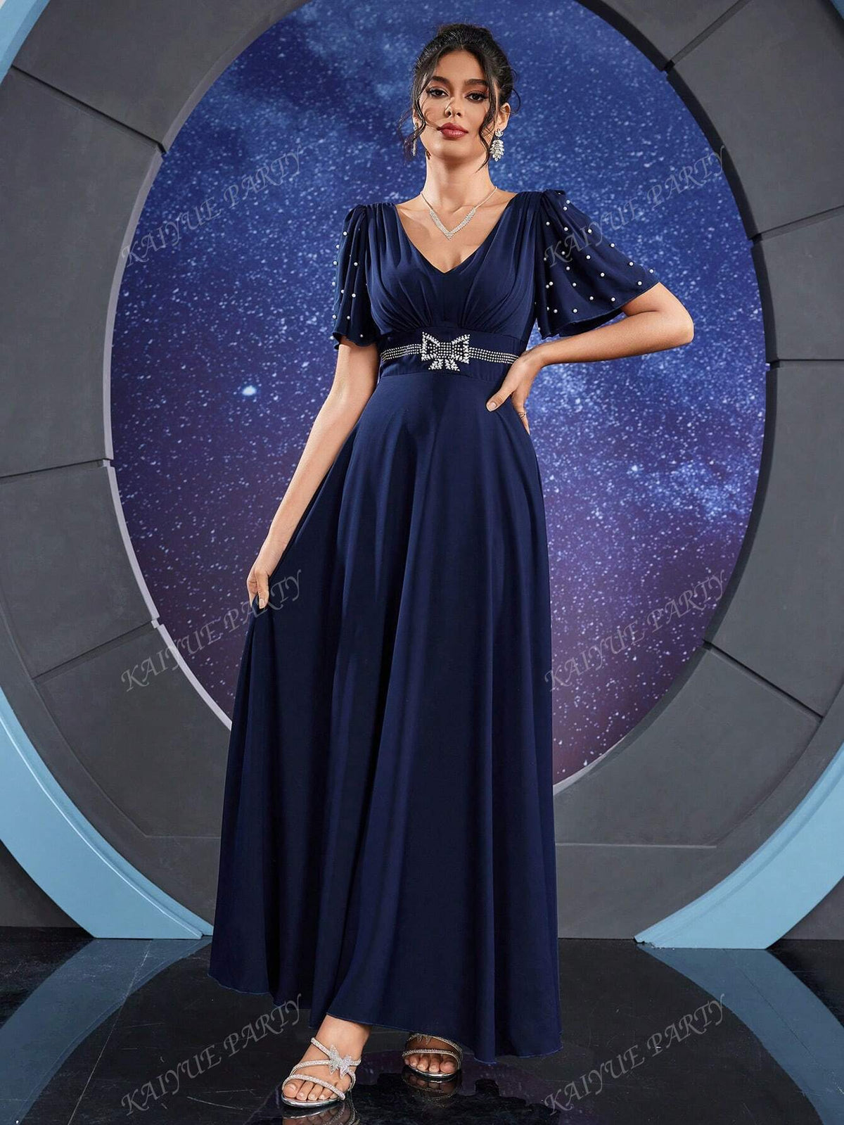 Contrast Faux Pearl And Rhinestone Detail Butterfly Sleeve Bridesmaid Dress