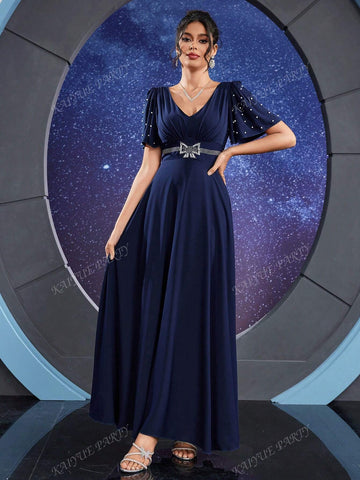 Contrast Faux Pearl And Rhinestone Detail Butterfly Sleeve Bridesmaid Dress