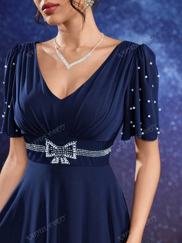 Contrast Faux Pearl And Rhinestone Detail Butterfly Sleeve Bridesmaid Dress