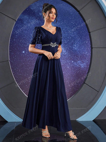 Contrast Faux Pearl And Rhinestone Detail Butterfly Sleeve Bridesmaid Dress