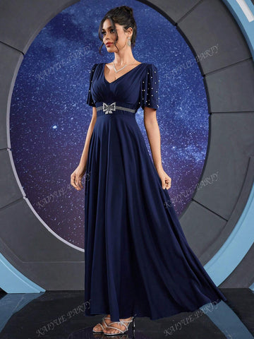 Contrast Faux Pearl And Rhinestone Detail Butterfly Sleeve Bridesmaid Dress