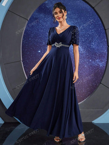 Contrast Faux Pearl And Rhinestone Detail Butterfly Sleeve Bridesmaid Dress