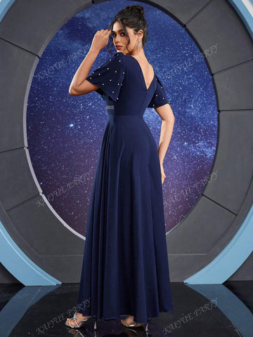 Contrast Faux Pearl And Rhinestone Detail Butterfly Sleeve Bridesmaid Dress