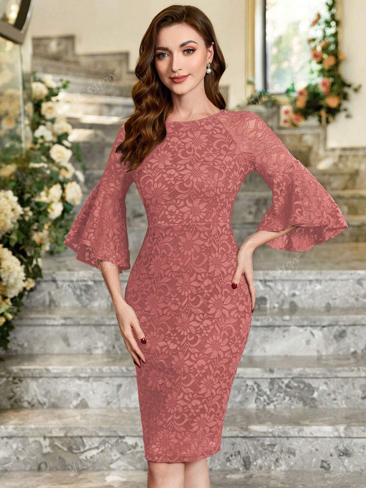 Contrast Floral Lace Ruffle Sleeve Bodycon Dress