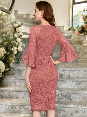 Contrast Floral Lace Ruffle Sleeve Bodycon Dress