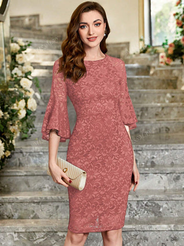 Contrast Floral Lace Ruffle Sleeve Bodycon Dress