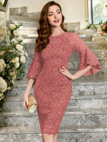 Contrast Floral Lace Ruffle Sleeve Bodycon Dress