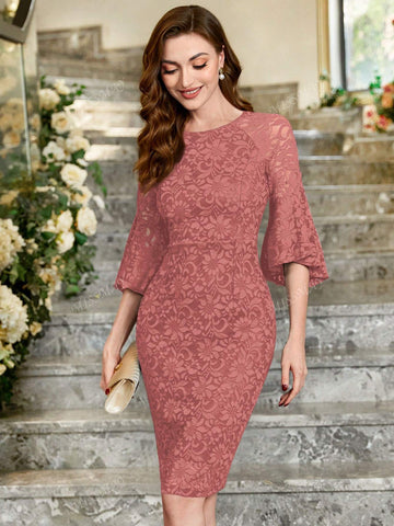 Contrast Floral Lace Ruffle Sleeve Bodycon Dress