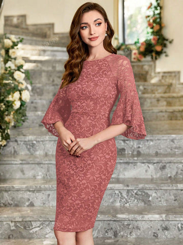 Contrast Floral Lace Ruffle Sleeve Bodycon Dress