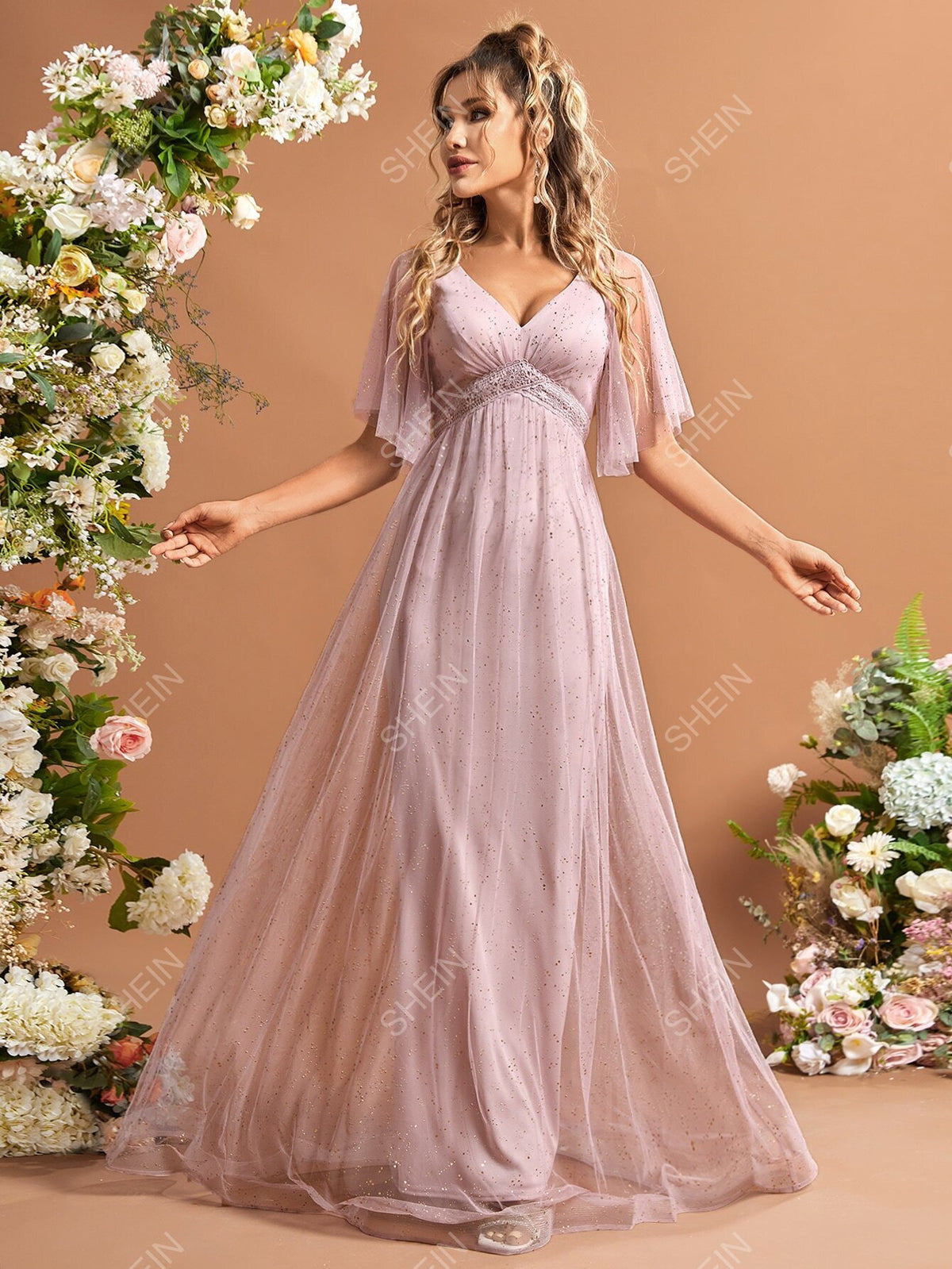 Contrast Guipure Lace Butterfly Sleeve Mesh Bridesmaid Dress