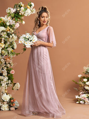 Contrast Guipure Lace Butterfly Sleeve Mesh Bridesmaid Dress