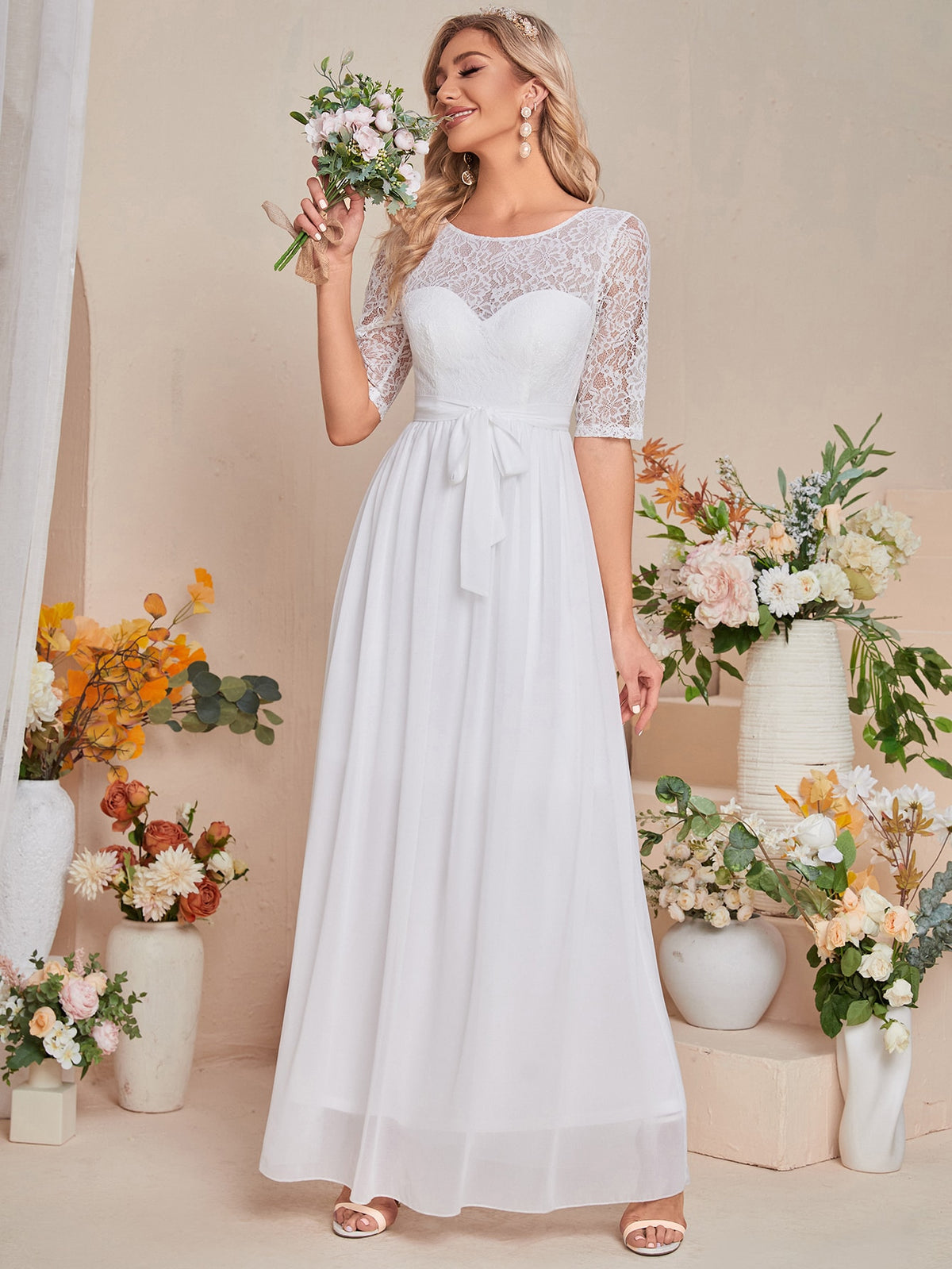 Contrast Lace Belted Chiffon Wedding Dress