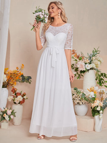 Contrast Lace Belted Chiffon Wedding Dress