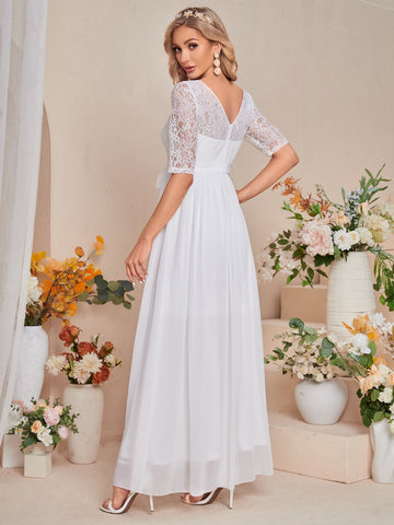 Contrast Lace Belted Chiffon Wedding Dress