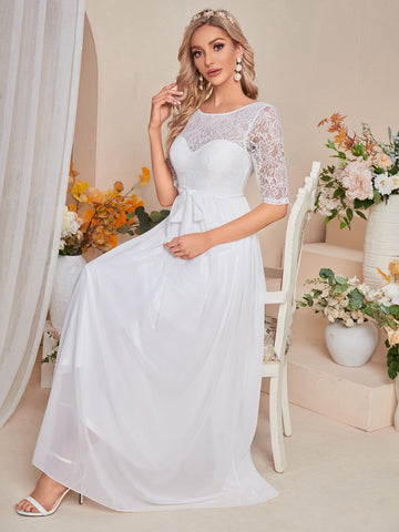 Contrast Lace Belted Chiffon Wedding Dress